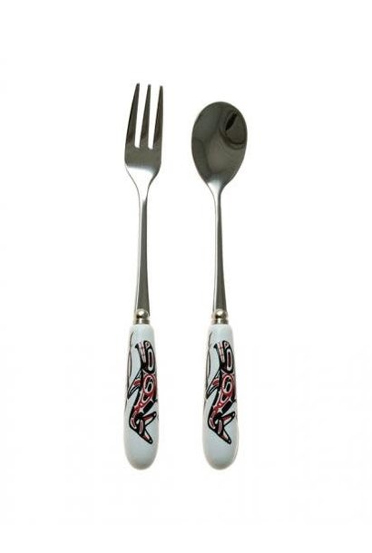 Ceramic Handle fork & spoon set - Killer Whale by Corrine Hunt