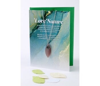 "Love Nature" Mini Greeting Card with Leaf Grape Sea Glass necklace with a leaf charm.