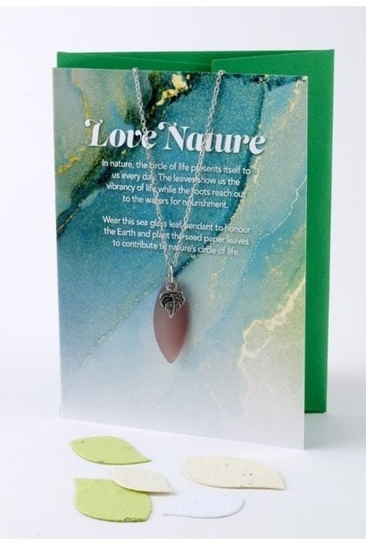 "Love Nature" Mini Greeting Card with Leaf Grape Sea Glass necklace detailed with a leaf charm. Includes plantable paper herb leaves.