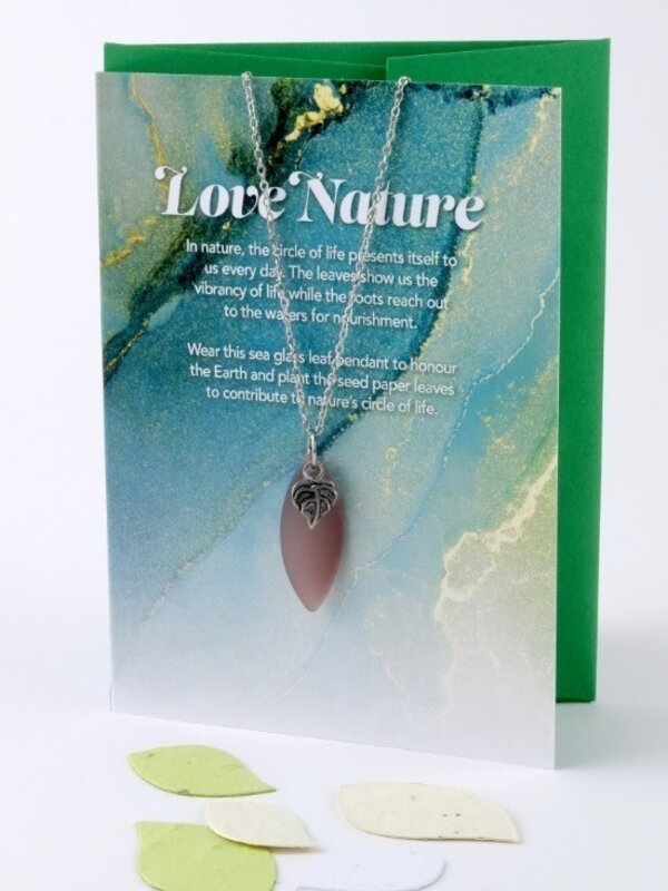 "Love Nature" Mini Greeting Card with Leaf Grape Sea Glass necklace with a leaf charm.