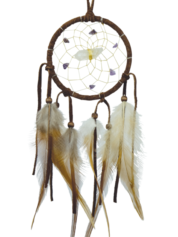 3" Brown Vision Seeker Dream Catchers are detailed with a quartz crystal