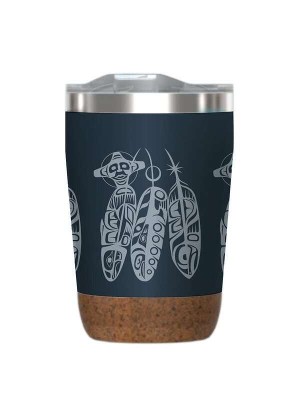 12oz Cork Base Travel Mug - Salmon Life Cycle (Feathers) - Paul Windsor