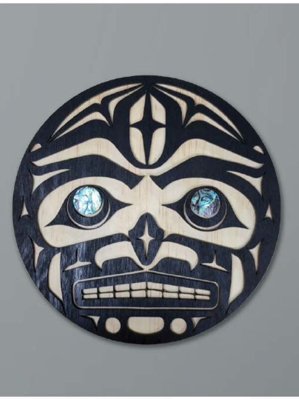 8" Wall Plaque - Salish moon with Abalone Eyes by Raven Wolden