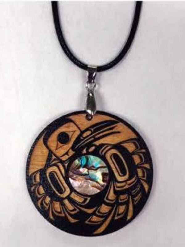 Wood Pendant with Abalone - Raven Steals the Sun by Raven Wolden