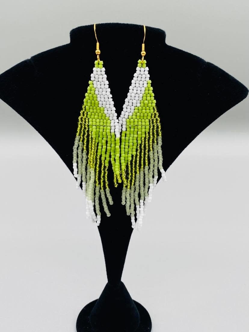 Green & White Large Beaded Earrings by Little Spark Cree-ations-1