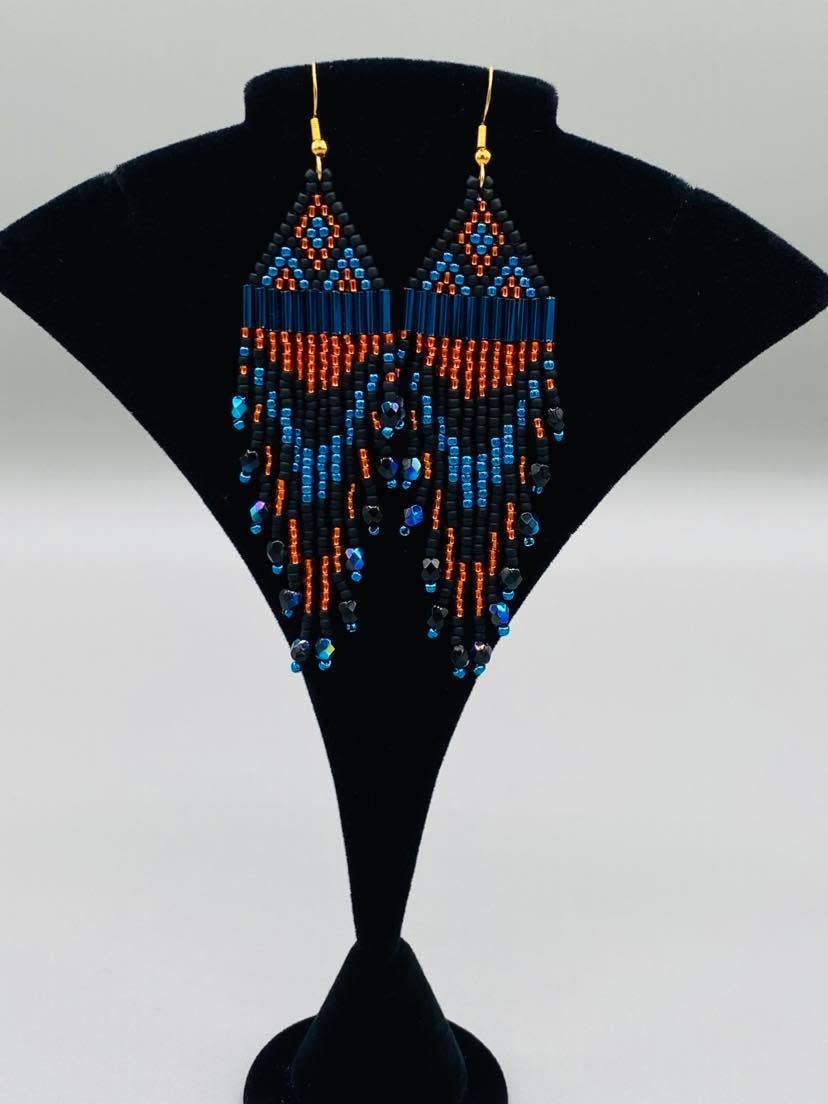 Orange black & blue large beaded earrings by Little Spark Cree-ations-1