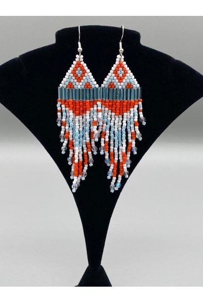 White & Orange lrg beaded Earrings by Little Spark Cree-ations