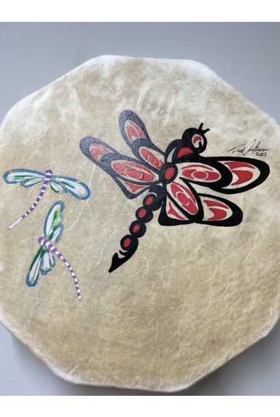 14" Drum by Darren Charlie - Dragonflies Hand Painted & signed by Fred Jackson