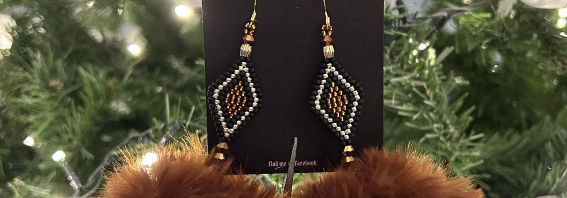 Faux Fur Pom Pom Beaded Earrings by Little Spark Cree-ations - Brown