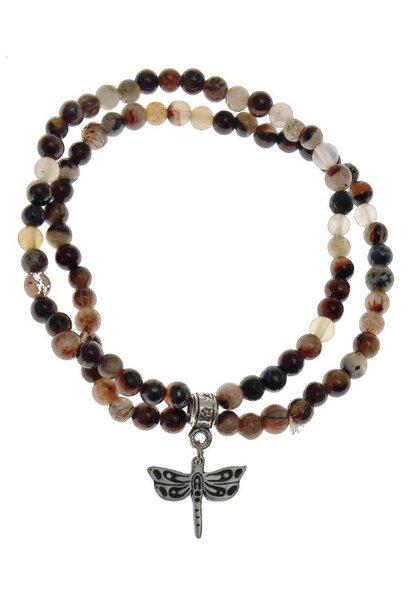 Double Stretch Bracelet - Brown Agate w Dragonfly Charm by Roxanne Dick
