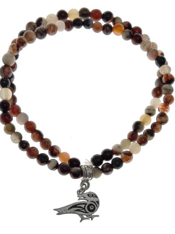 Double Stretch Bracelet w Brown Agate & Raven Charm by Roxanne Dick