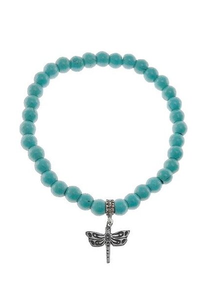 Single Strand Stretch Bracelet - Turquoise w Dragonfly Charm by Roxanne Dick