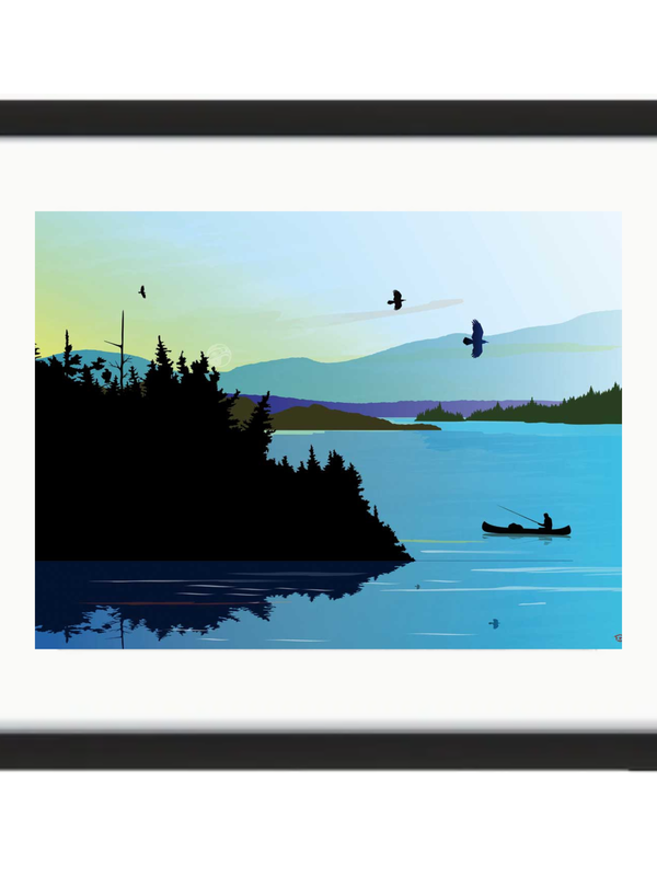 Framed & Matted Art Card  -Blue Lake Fishing by Mark Preston