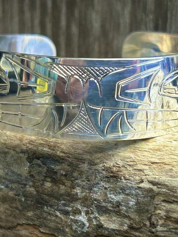 Hand Carved 3/4" Silver Bracelet - Wolf by Shirley Stanley