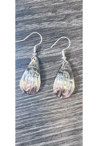 Hand Carved Silver Raven Tear Drop Earrings by Shirley Stanley