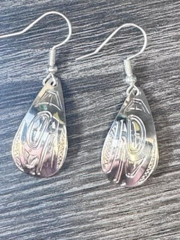 Hand Carved Silver Raven Tear Drop Earrings by Shirley Stanley