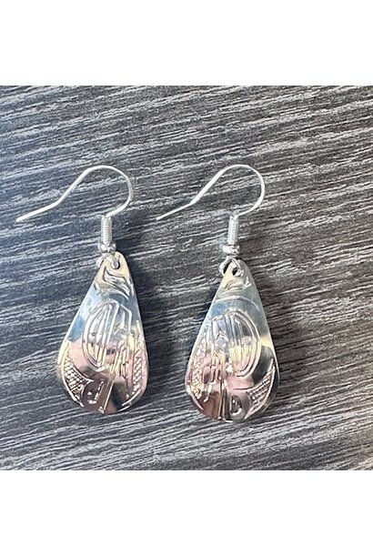 Hand Carved Silver Frog Tear Drop Earrings by Shirley Stanley
