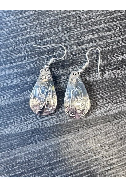 Hand Carved Silver Wolf Tear Drop Earrings by Shirley Stanley