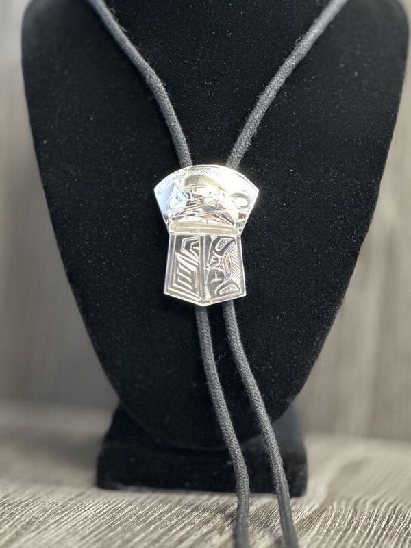 Hand Carved Silver Shield Bolo Tie - Frog by Shirley Stanley