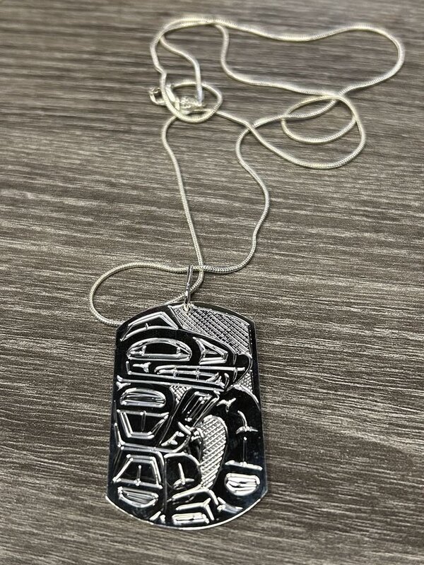 Hand Carved 2" Silver Dog Tag - Wolf by Shirley Stanley