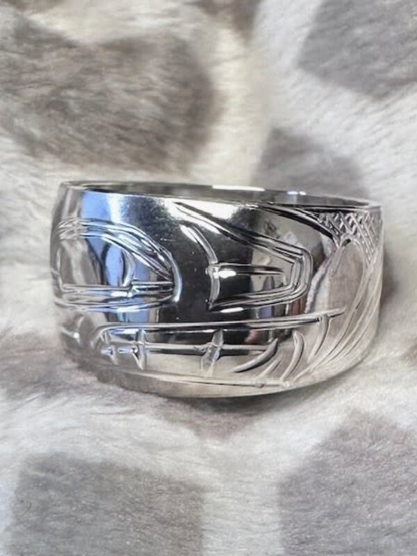 Hand Carved Silver Ring Solid Band s8 Wolf  by Shirley Stanley