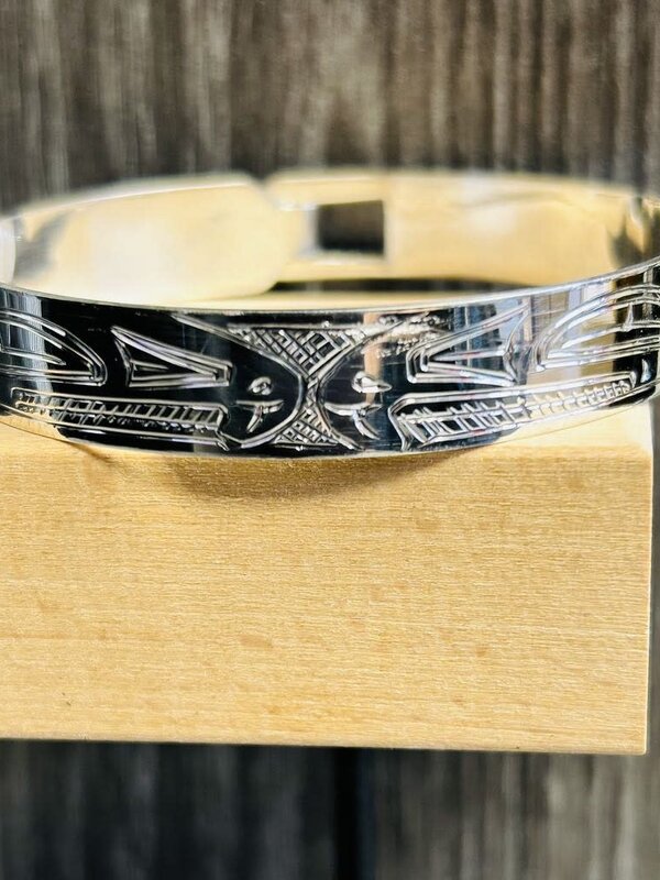 3/8" Hand Carved Silver Bangle - Salmon by Shirley Stanley