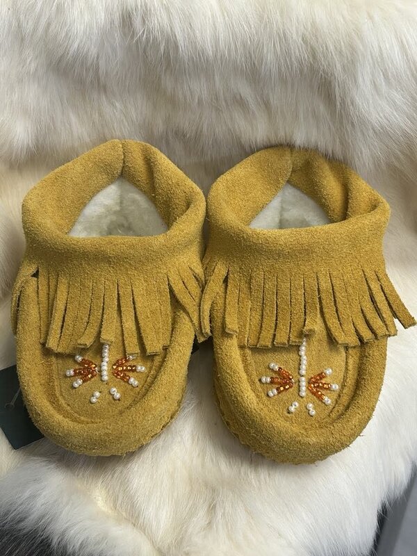 Hand Made Laurentian Chief Baby Fringe slip on Moccasin - Natural