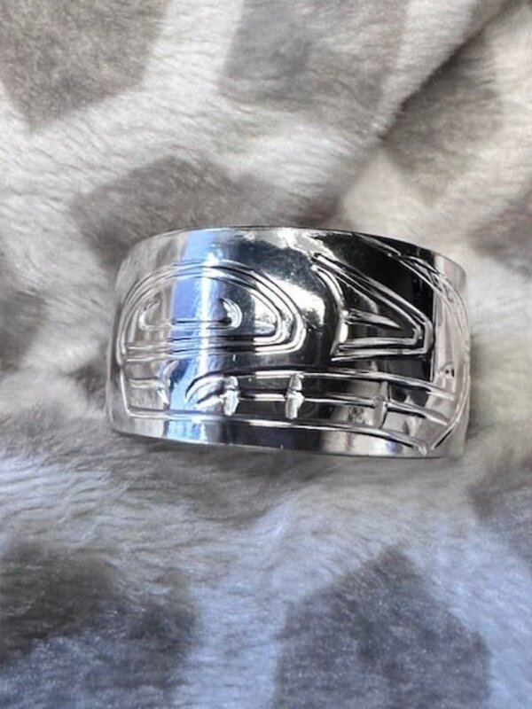 Hand Carved Silver Ring Solid Band s11 Killer Whale by Shirley Stanley