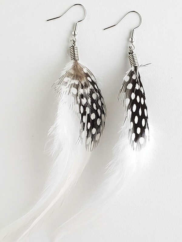 Natural white hackle and spotted guinea feather earrings