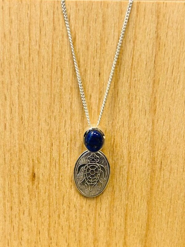 Silver Cast Pendant w Lapis Lazuli - Turtle Guide