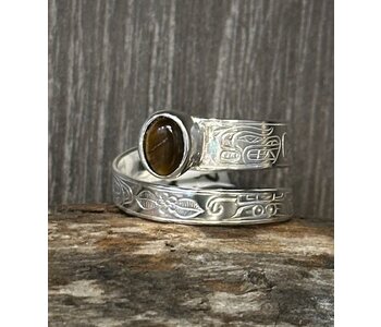 Silver Cast Mother Bear Ring - Tigers Eye Stone Stone S6