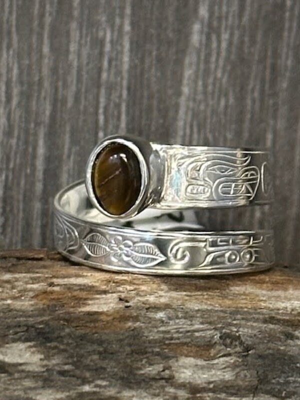 Silver Cast Mother Bear Ring - Tigers Eye Stone Stone S8