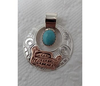 Hand Carved Silver and Copper Pendant w chain - Wolf by Richard Lang
