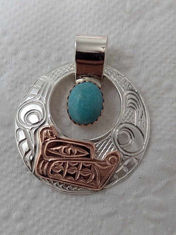 Hand Carved Silver and Copper Pendant w chain - Wolf by Richard Lang