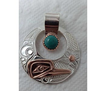 Hand Carved Silver and Copper Pendant w chain - Hummingbird by Richard Lang