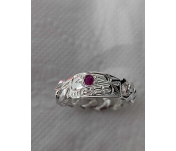 Cuban Chain style Hand Carved Silver Ring SZ. 12.5 - Orca w lab Ruby by Richard Lang