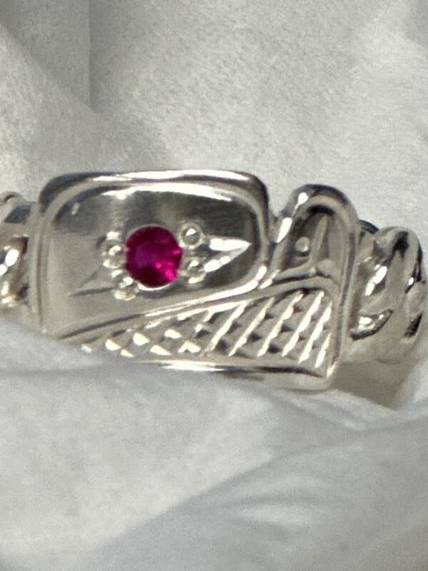 Cuban Chain Style Hand Carved Silver Ring with Ruby 9.5 - Eagle by Richard Lang