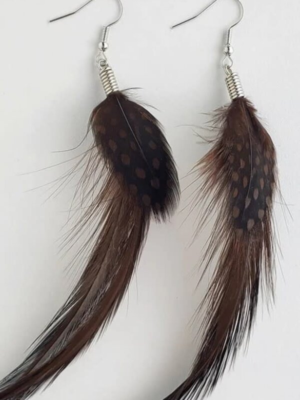 Natural Feather Earrings in Brown Hackle/Spotted Guinea