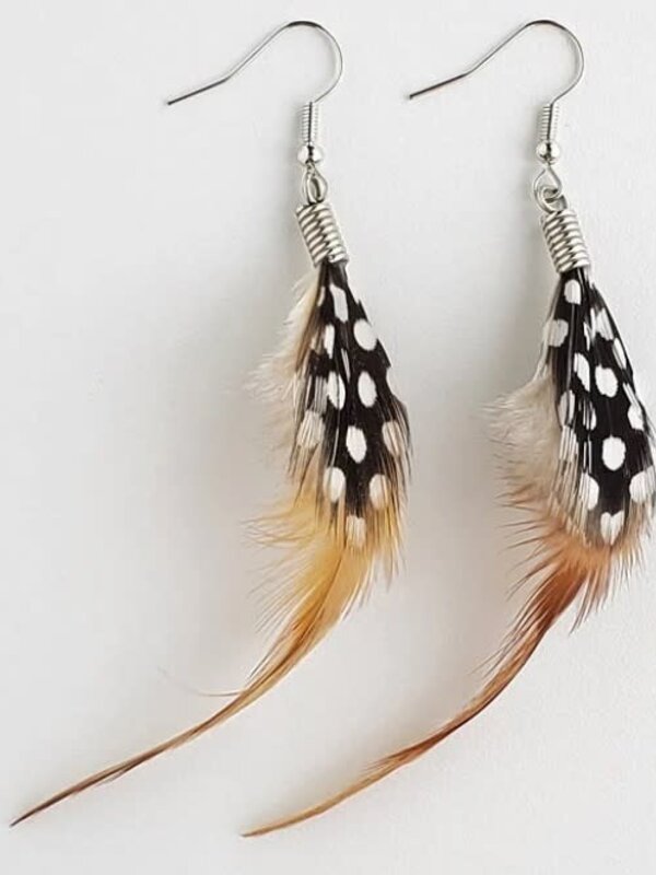 Natural Feather Earrings in Red Hackle/Spotted Guinea