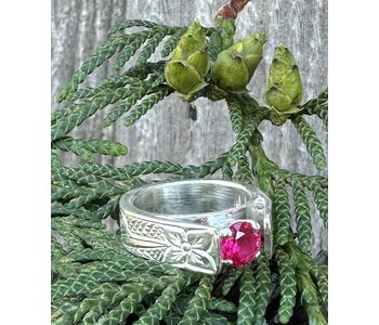 Hand Carved Resurrection Ring with Hummingbird - lab created Ruby size 6