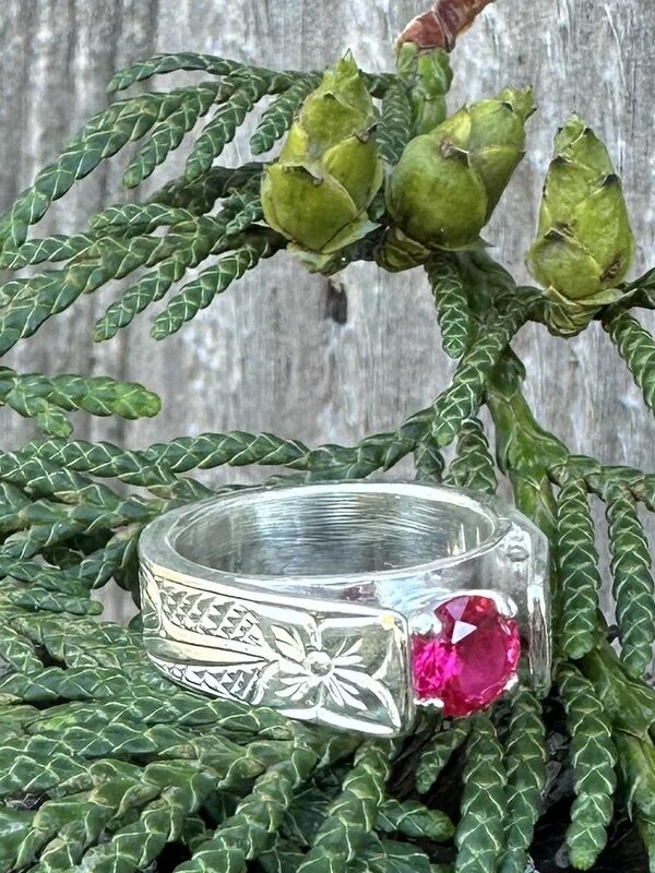Hand Carved Resurrection Ring with Hummingbird - lab created Ruby size 6