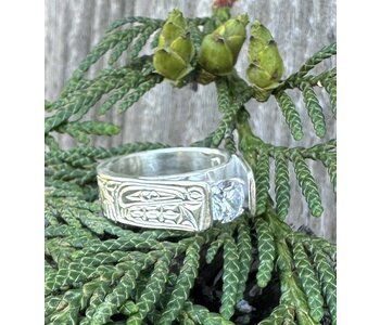 Hand Carved Resurrection Ring with Bear  by Richard Lang - White Diamond CZ gem Size 7
