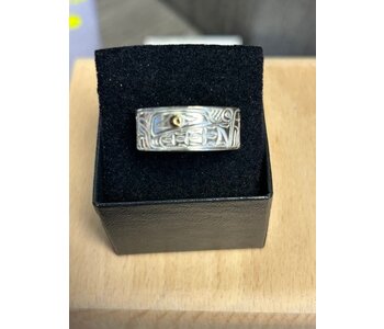 Hand Carved Silver Ring Solid Band with Gold eye  s13.5 Wolf by Richard Lang