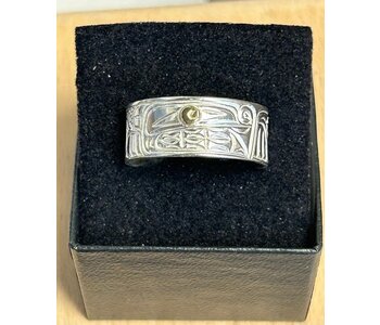 Hand Carved Silver Ring Solid Band with Gold eye s13.5 Bear by Richard Lang