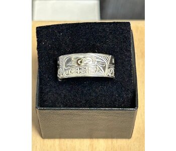 Hand Carved Silver Ring Solid Band with Gold eye s13.5 Orca by Richard Lang