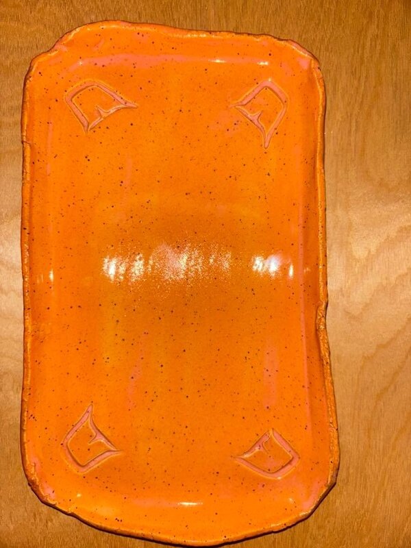 Cynthia Robinson Pottery - Footed Rectangle Plate w Pumpkin glaze