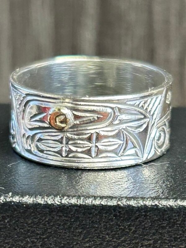 Silver Carved Ring by Richard Lang - Orca with Gold Eye Size 8
