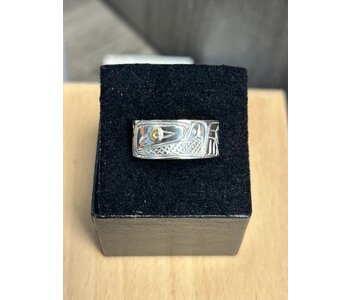 Silver Carved Ring by Richard Lang - Eagle with Gold Eye Size 10