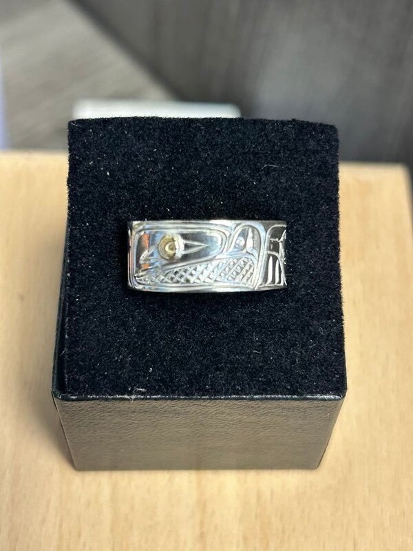 Silver Carved Ring by Richard Lang - Eagle with Gold Eye Size 10