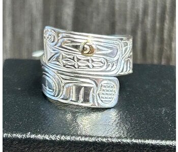 Carved Silver Wrap ring by Richard Lang - Wolf with Gold Eye size 8